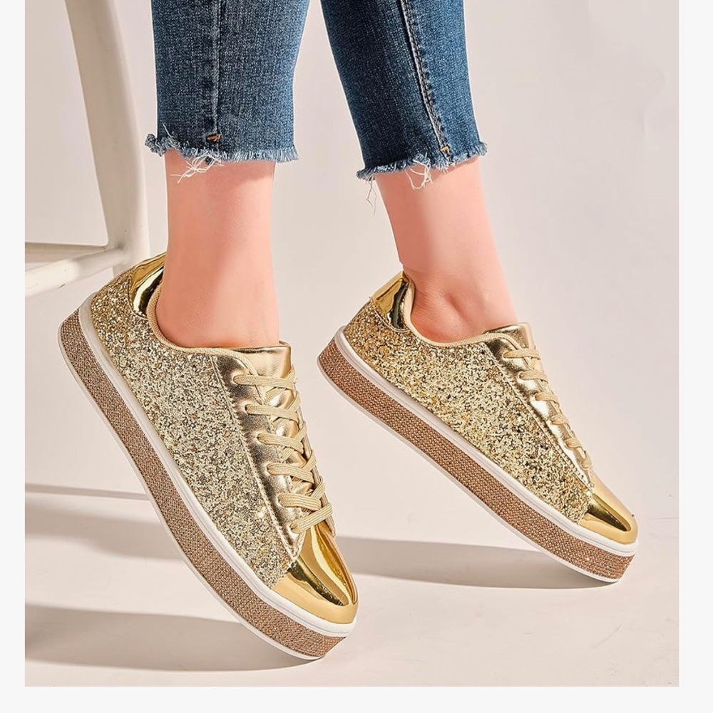 Gold Glitter Sneakers tennis shoes dust bag Mardi Gras Saints football NWT 9